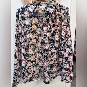 Lauren Conrad Women’s Black Floral Button-Up Top with Pink Blooms